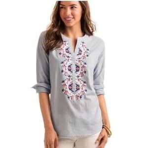 VINEYARD VINES Popover Top Sz. 8 Tunic Embroidered Artsy Summer Beachy‎ Relaxed